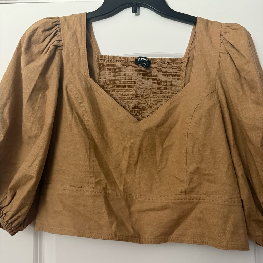Express Puff Sleeve Linen blend brown shirt with smocked back EUC - Picture 3 of 6